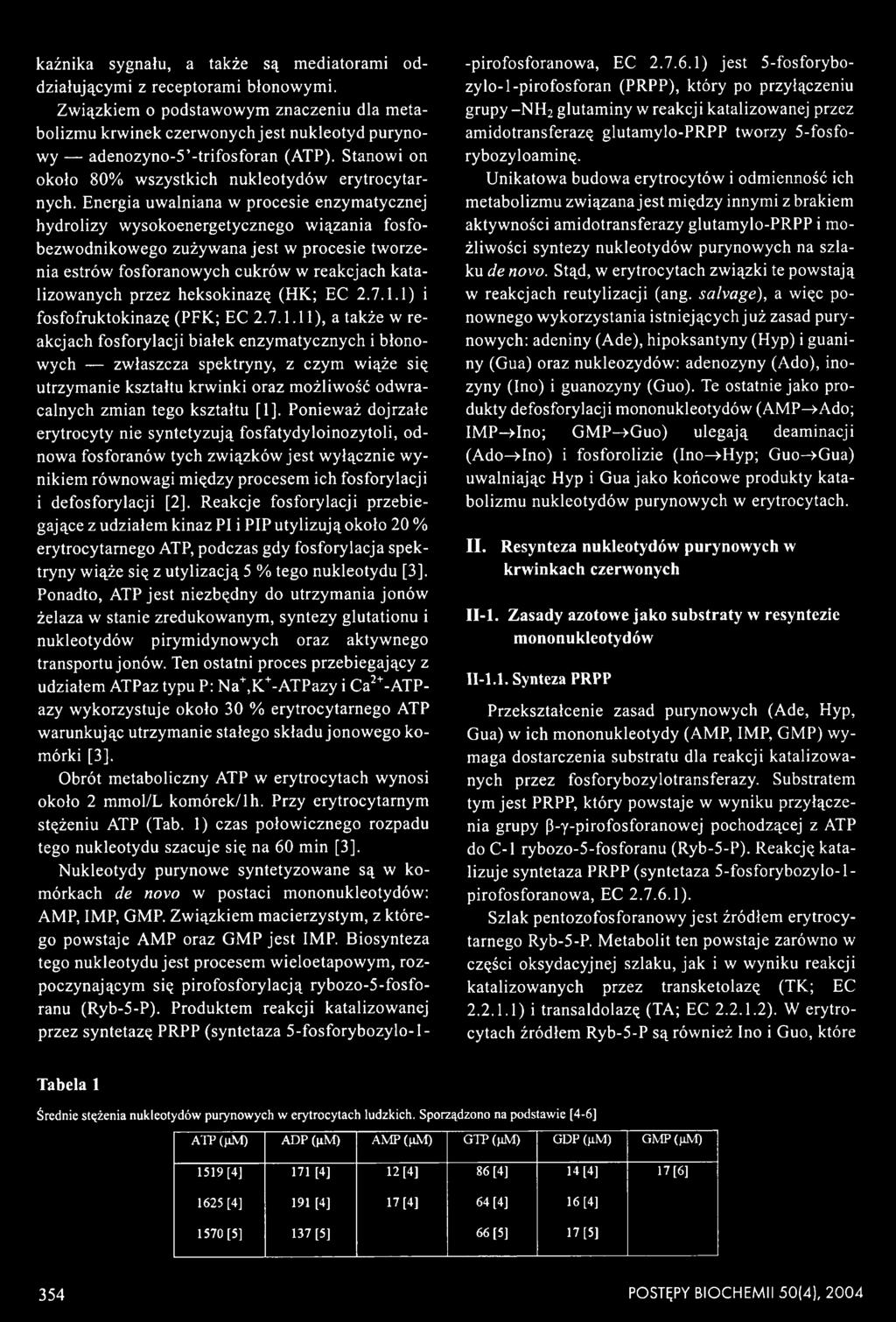 1) i fosfofruktokinazę (PFK; EC 2.7.1.11), a także w reakcjach fosforylacji białek enzymatycznych i błonowych zwłaszcza spektryny, z czym wiąże się utrzymanie kształtu krwinki oraz możliwość odwracalnych zmian tego kształtu [1].