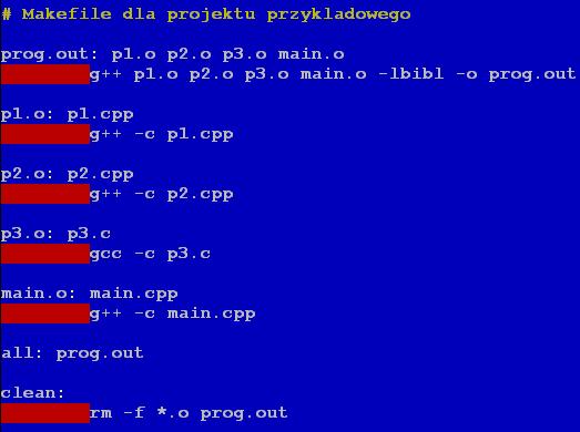 W naszym przypadku Makefile mógłby wyglądać następująco: Linia komentarza. Linie postaci "a : b" mówią "aby utworzyć a potrzebne jest b, oto przepis jak na podstawie b utworzyć a". Aby utworzyć prog.