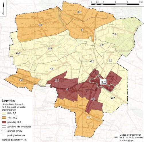 Rysunek 2. Liczba bezrobotnych na 1 tys. Szczególnie wysoka koncentracja osób bezrobotnych osób w wieku produkcyjnym na obszarze na 1 tys.