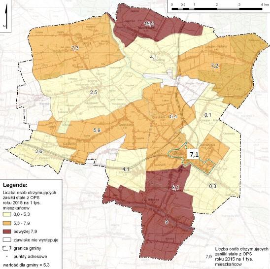 którego zlokalizowany jest obszar rewitalizacji, zamieszkiwały 24 osoby pobierające tego typu świadczenia (57,1% wszystkich zasiłków). Rysunek 5.