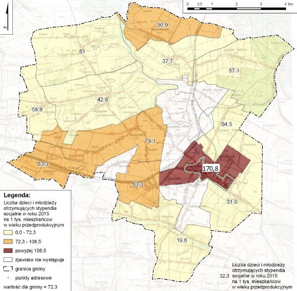 gminy 0,9%. Szczególna koncentracja wskaźnika liczby zasiłków stałych i okresowych na 1 tys.