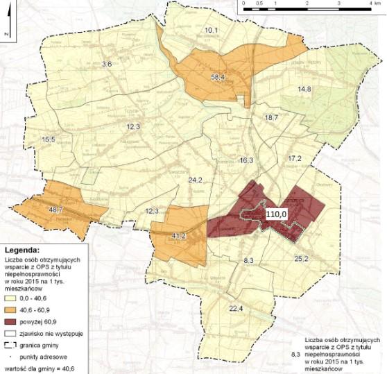 Rozkład przestrzenny wskaźnika stypendiów oraz przyznanych dożywiania pokazuje, że koncentracja osób korzystających z tego typu świadczeń występuje w centralnej oraz południowo-wschodniej części