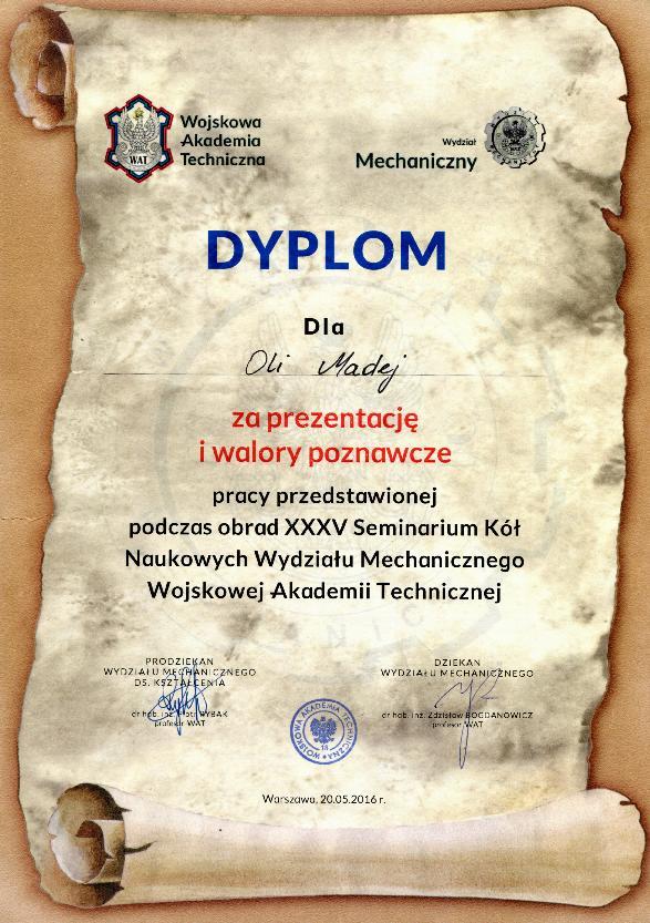 Dyplomy członkiń Koła Naukowego za prezentacje prezentowane podczas XXXV