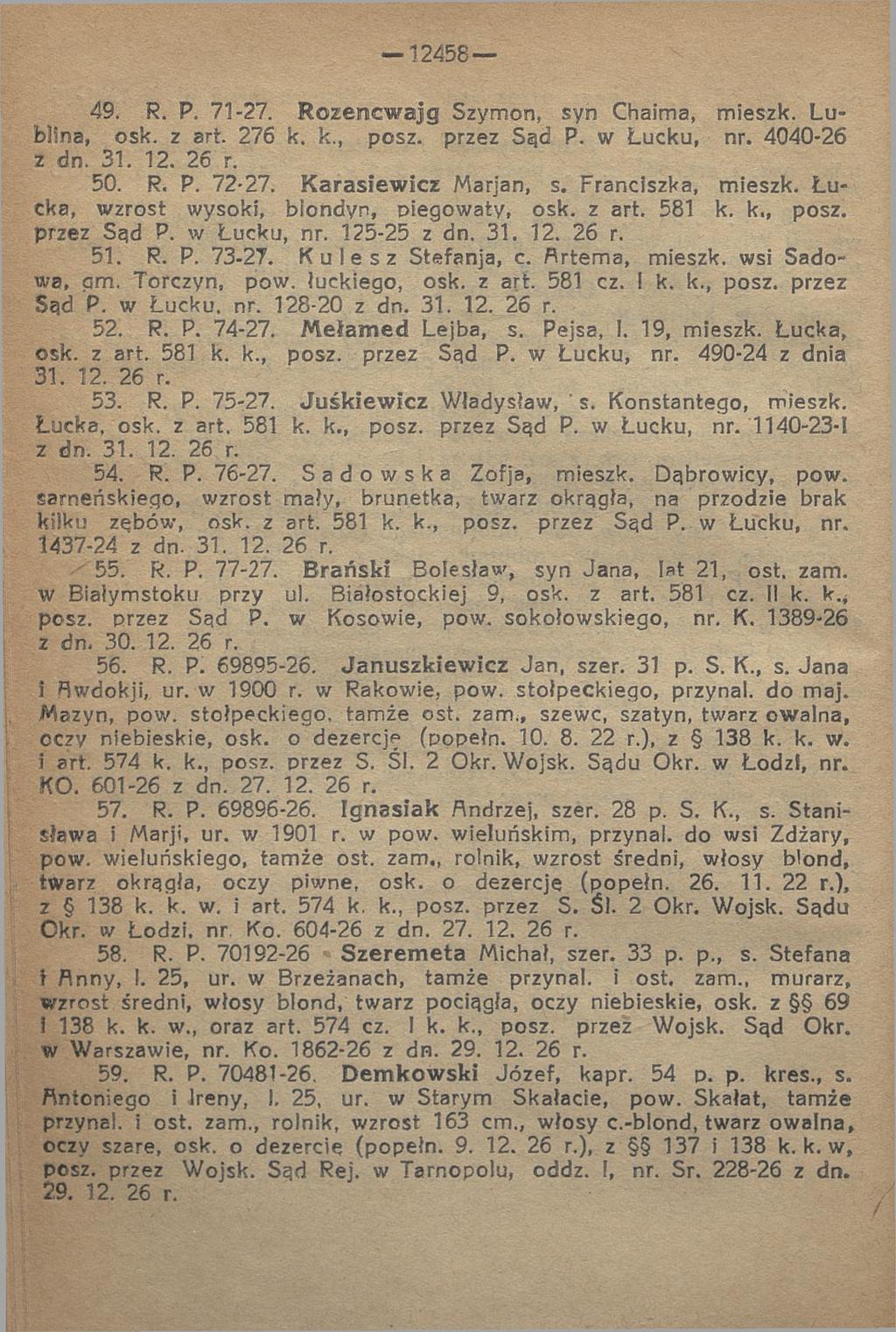 12458 49. R. P. 71-27. R ozencw ajg Szymon, syn Chaima, mieszk. Lublina, osk. z art. 276 k. k., posz. przez Sąd P. w Lucku, nr. 4040-26 z dn. 31. 12. 26 r. 50. R, P. 72-27. K arasiew icz Marjan, s.