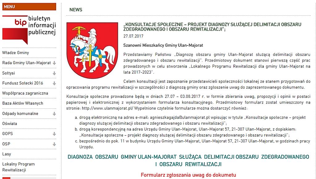 Rysunek 11 Informacja nt. konsultacji projektu Diagnozy służącej delimitacji obszaru zdegradowanego i obszaru rewitalizacji Źródło: http://www.ulanmajorat.