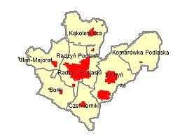 Mapa 7 Obszary przekroczeń benzo/a/pirenu w powiecie radzyńskim w 2016 r. Źródło: Opracowanie własne na podstawie: Ocena jakości powietrza w województwie lubelskim za 2016 r.