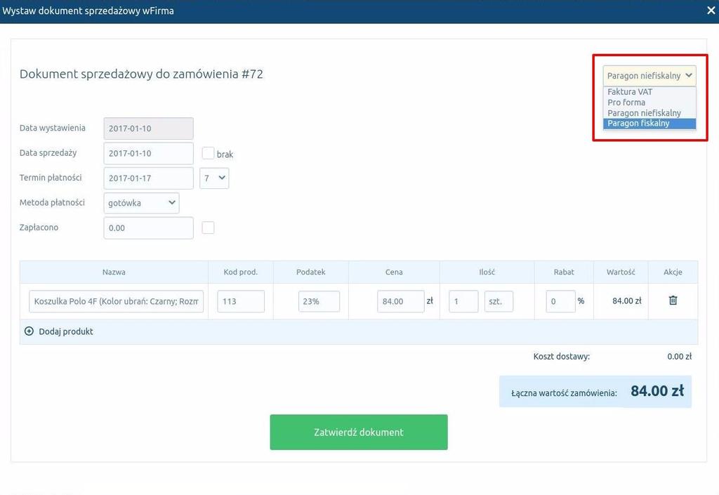 Produkty w dokumencie sprzedażowym Produkty oraz koszt dostawy na dokumencie sprzedażowym są automatycznie pobierane z zamówienia, istnieje jednak możliwość ręcznego skorygowania elementów dokumentu