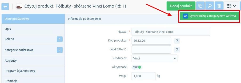 Synchronizacja pojedynczego produktu Proces synchronizacji stanu magazynowego może zostać także wywołany z poziomu karty