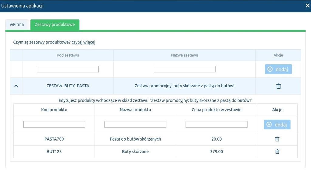 Zestawy produktowe na przykładzie Załóżmy, że w sklepie oferujemy promocyjny zestaw buty z pastą do butów w promocyjnej cenie 399 zł.