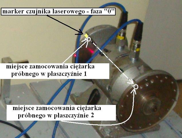 g) zamocować ciężarek próbny o wadze wpisanej w p. 3.2a) na płaszczyźnie 1 (rys. 24); Rys. 24. Miejsca mocowań ciężarków próbnych.