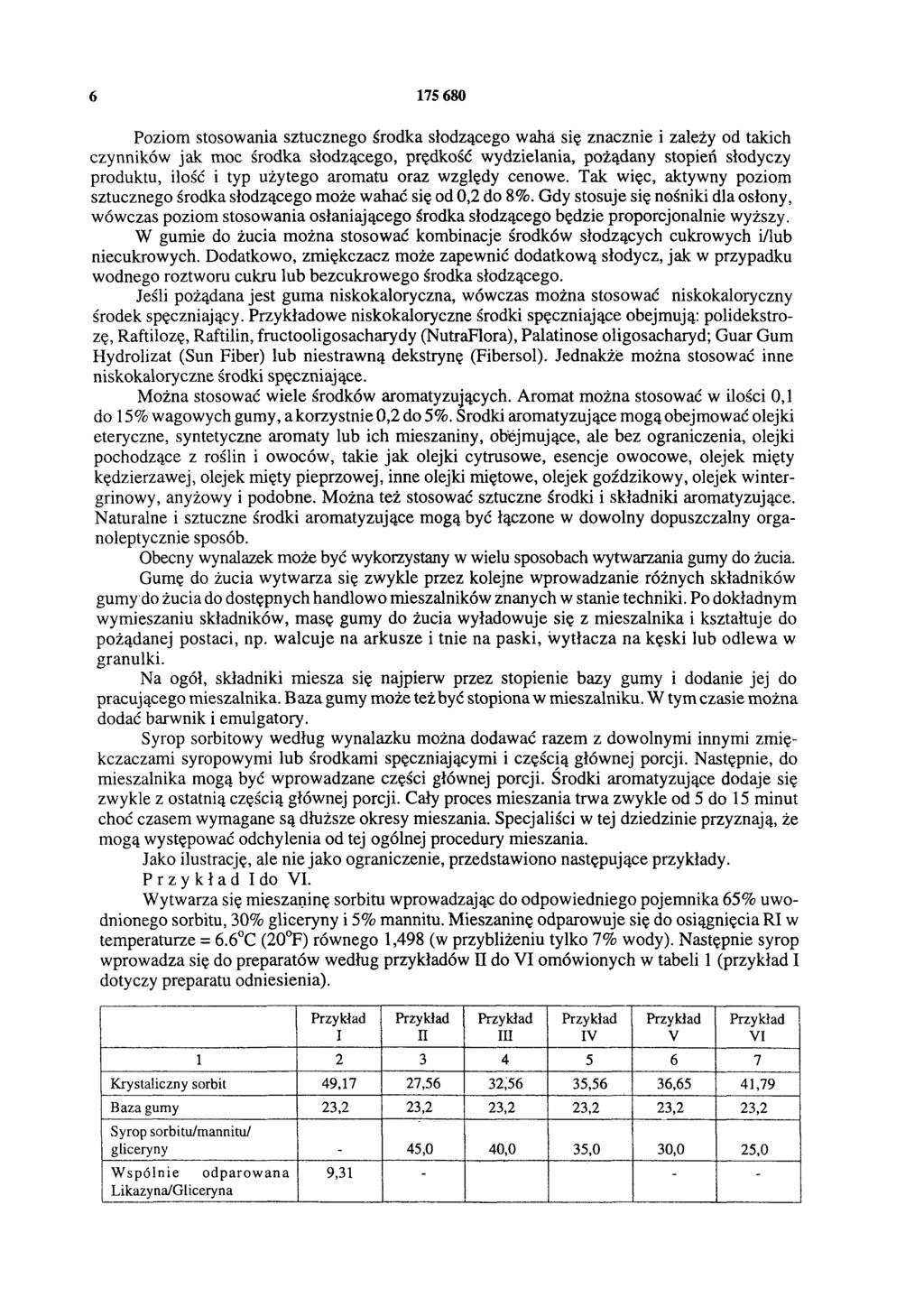 6 175 680 Poziom stosowania sztucznego środka słodzącego waha się znacznie i zależy od takich czynników jak moc środka słodzącego, prędkość wydzielania, pożądany stopień słodyczy produktu, ilość i