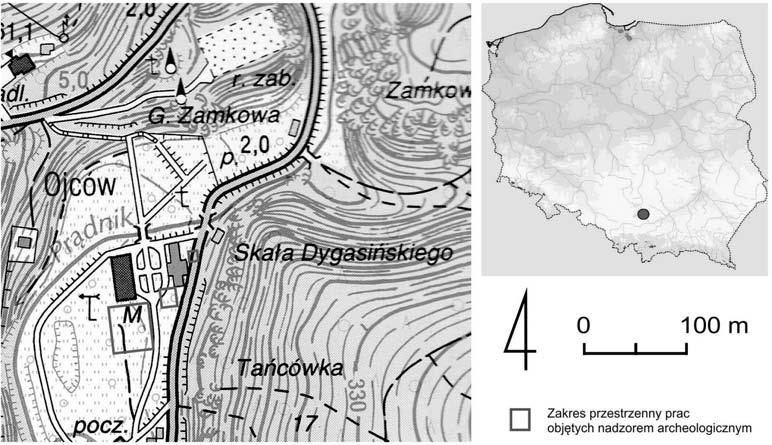 226 M. Wojenka, K. Dzięgielewski Ryc. 1. Ojców, gm. Skała, pow. Kraków. Lokalizacja prac objętych nadzorem archeologicznym w 2015 r. Fig. 1. Ojców, gm. Skała (district), pow. Kraków (county).