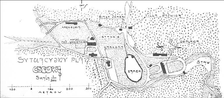 Pozostałości osady z wczesnej epoki żelaza i XIX-wiecznych początków uzdrowiska w Ojcowie 227 Ryc. 2. Centrum Ojcowa na planie z 1917 roku z zaznaczonym obszarem prac objętych nadzorem archeologicznym.