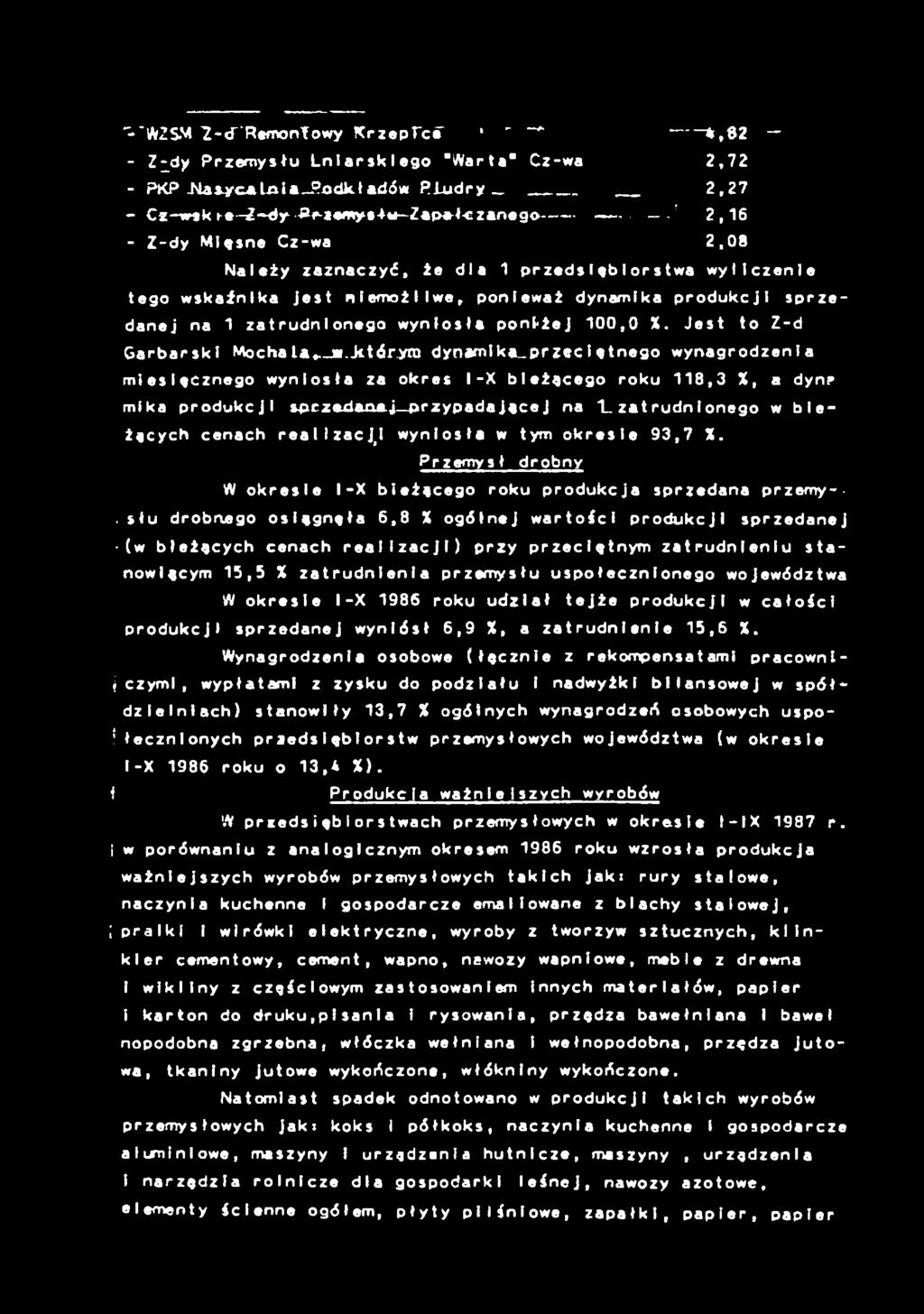 produkcj sprzedanej na 1 zatrudnonego wynosła pontżej 100,0 X. Jest to Z-d Garbarsk Mocha la^j.