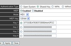 33 F A B C D E WEP a) Typ weryfikacji (Authentication Type): Wspólny klucz" (Shared Key) b) WEP: Włączone (Enabled) c) Tryb (Mode): HEX d) Klucz WEP (WEP key): 128-bit e) Klucz 1 (Key 1): Wprowadź