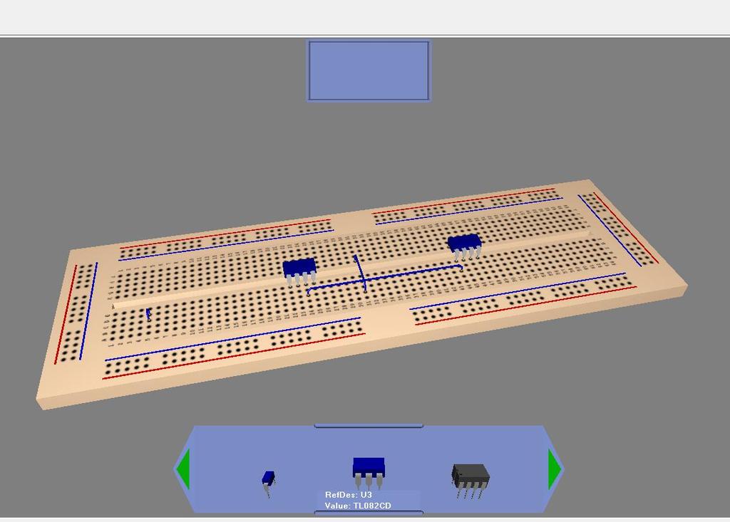 Widok breadboard Po uaktywnieniu przyciskiem View breadboard otwiera się widok płytki prototypowej a także elementów umieszczonych na schemacie elektrycznym (o ile miały zdefiniowane obudowy).