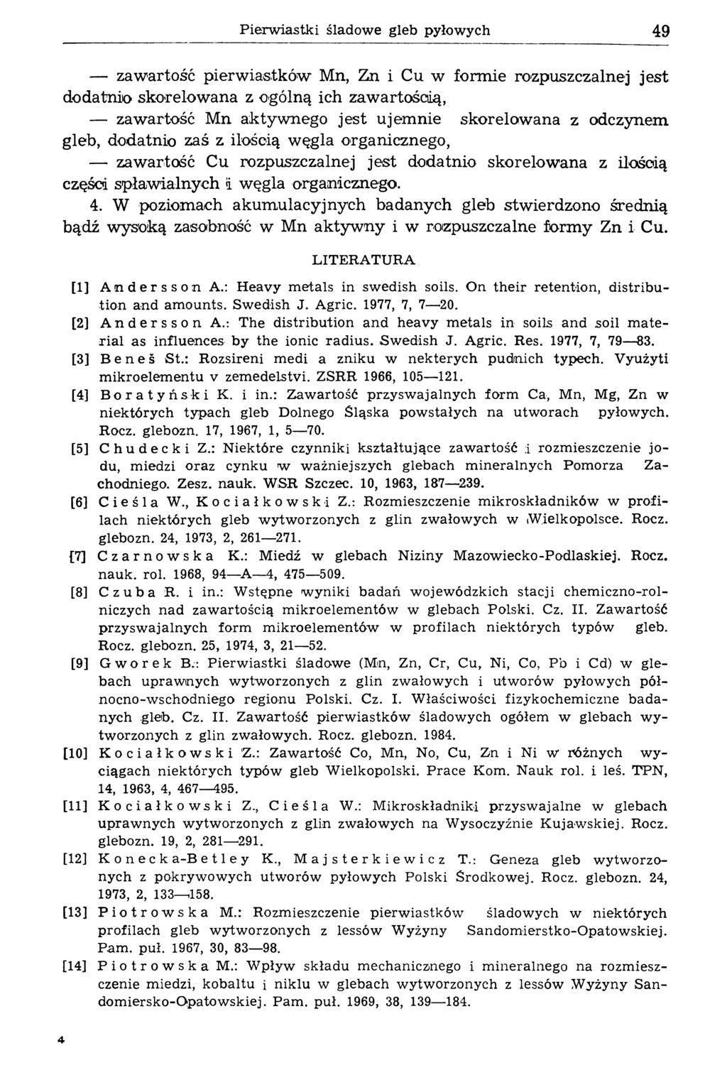 P ierw iastki śladow e gleb pyłow ych 49 zawartość pierw iastków Mn, Zn i Cu w formie rozpuszczalnej jest dodatnio skorelow ana z ogólną ich zaw artością, zawartość Mn aktywnego jest ujem nie