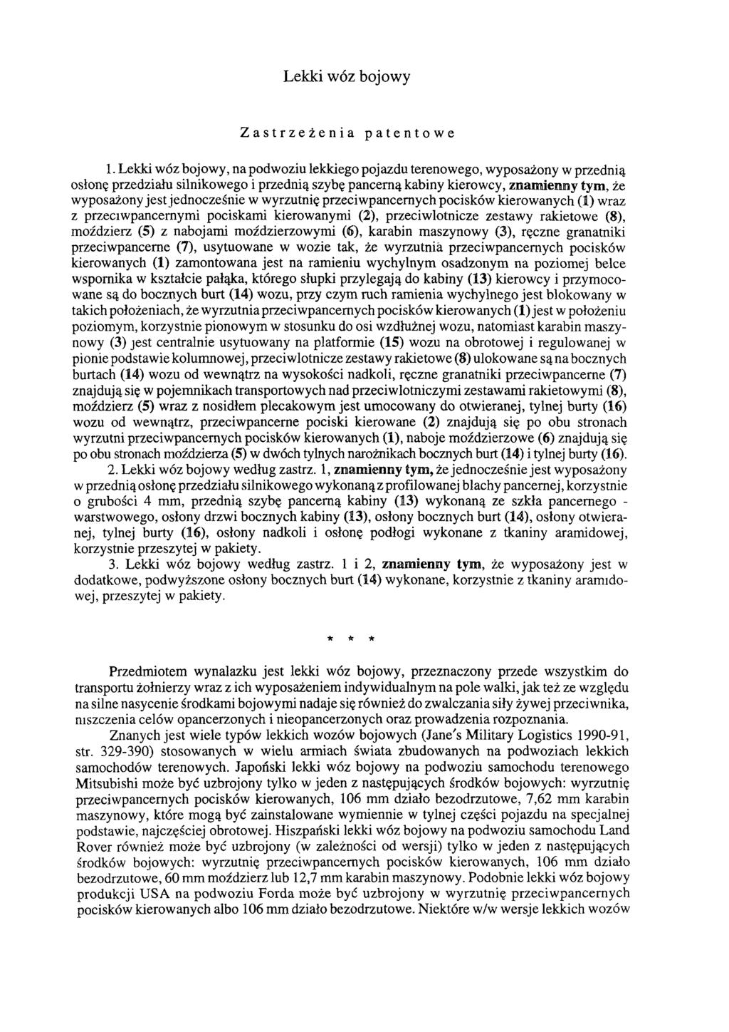 Lekki wóz bojowy Zastrzeżenia patentowe 1.