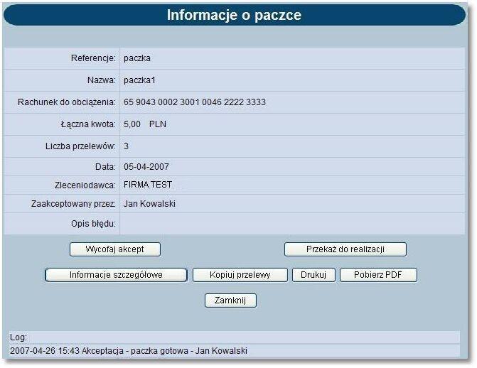 Formatka ze szczegółowymi informacjami paczki o statusie [Wycofaj akcept] - usunięcie podpisu z dokumentu tj.