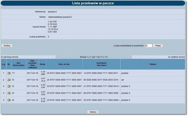 Przykładowy podgląd formatki Lista przelewów w paczce.