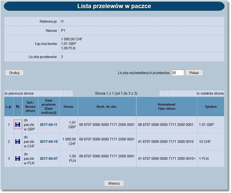 Na formatce Lista przelewów w paczce kliknąć w ikonę statusu wybranego przelewu.