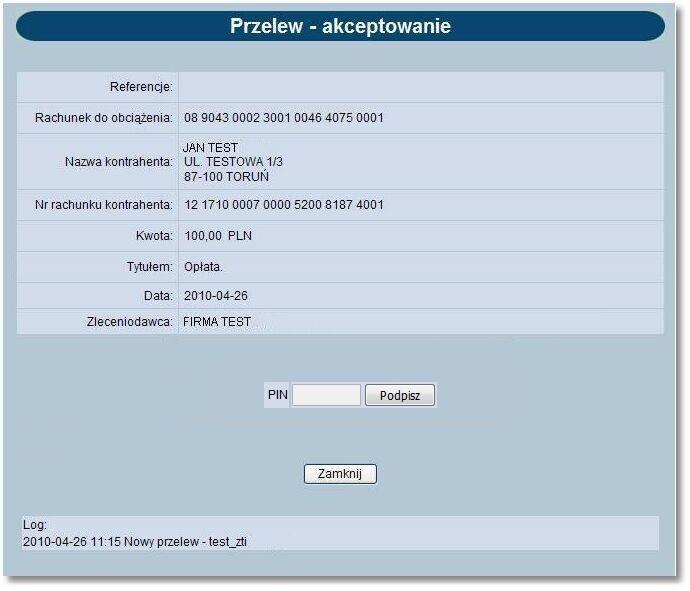 11.4. Akceptowanie pojedynczo przelewów Użytkownik ma możliwość akceptowania pojedynczo przelewów.