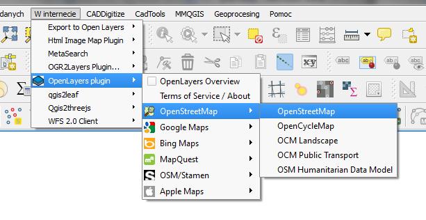 4. PO ZAINSTALOWANIU WTYCZKI Z menu górnego wybieramy W INTERNECIE/OpenLayer plugin/openstreetmap i polecenie OpenStreetMap. (wczytujemy mapę) 5. Przybliżamy do Łodzi do badanego obszaru. 6.