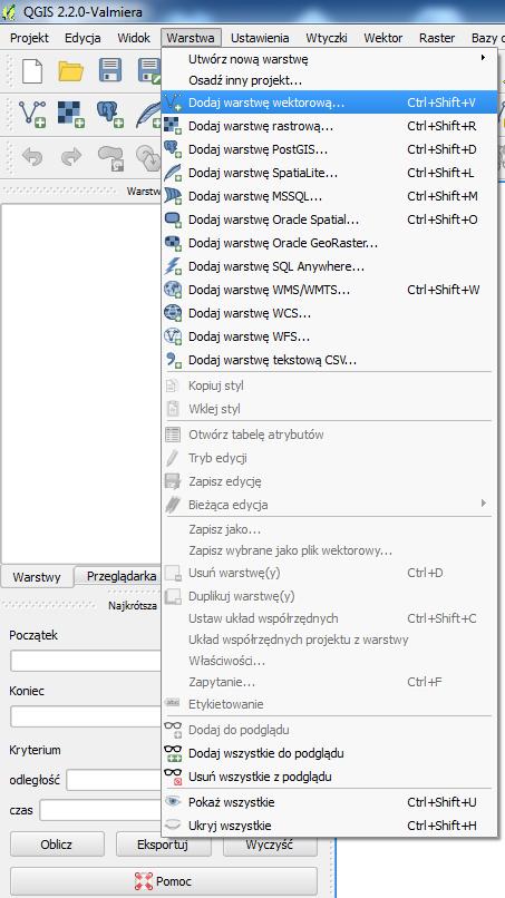 10. Wczytujemy plik SHAPE z katalogu Parkingi do programu QGIS: Menu górne WARSTWA/DODAJ WARSTWĘ WEKTOROWĄ i szukamy pliku SHAPE (PLIK