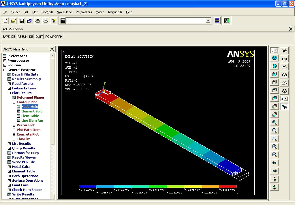 1.1.8 Rozwiązanie Rozwiązanie zadania wykonywane jest w segmencie Solution programu ANSYS Wybieramy: typ analizy: analiza statyczna MainMenu Solution Analysis Type New Analysis wybrać Static OK