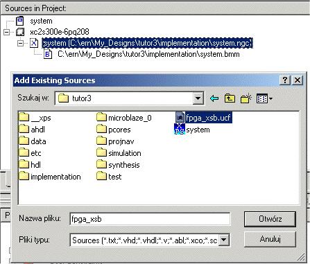 Wrócić do programu EDK i wyeksportuj projekt do programu Xilinx a Project Navigator poprzez wybranie menu: Tools/Export to ProjNav, aby to było moŝliwe naleŝy wybrać opcje w menu: Option/Project
