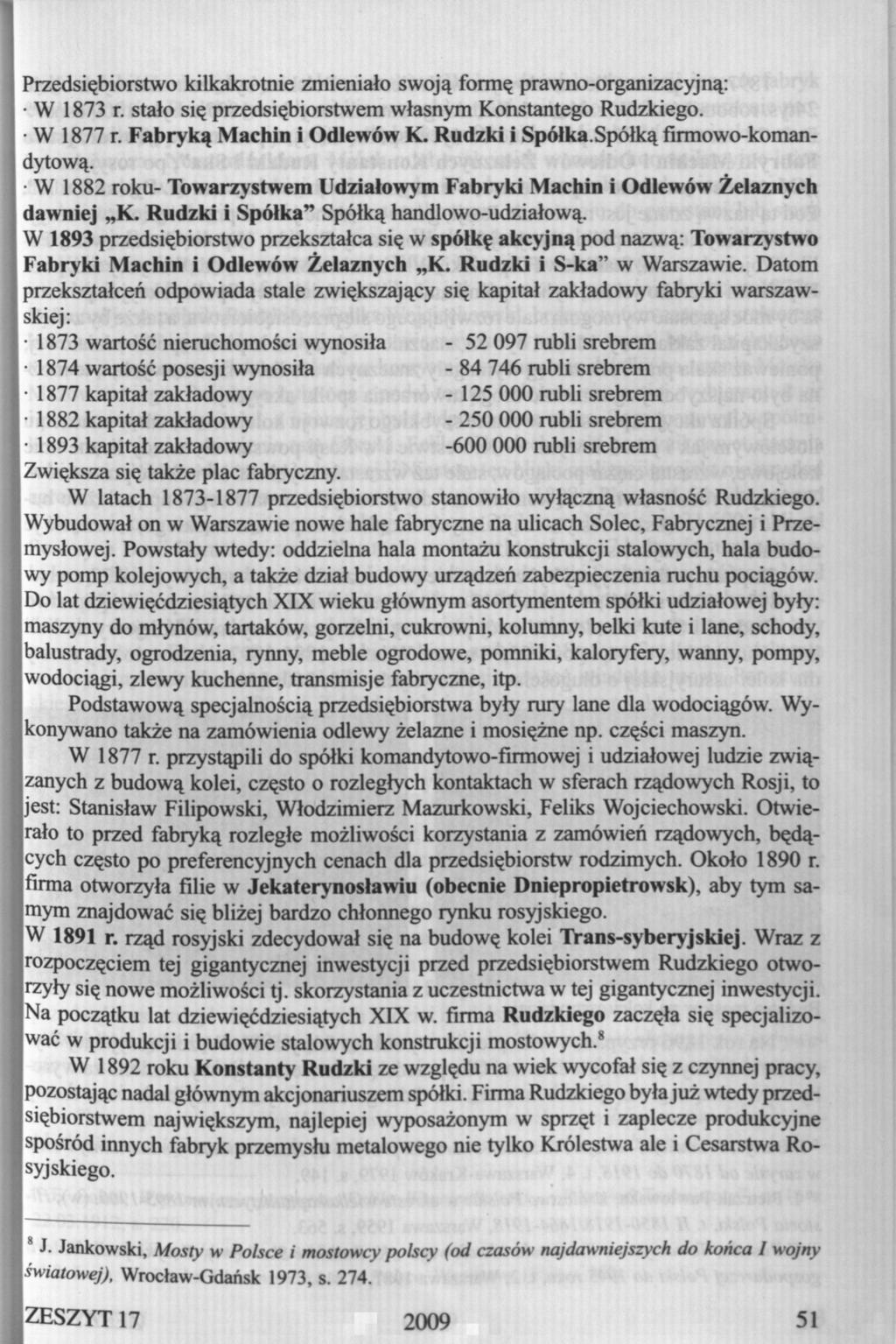 Przedsiębiorstwo kilkakrotnie zmieniało swoją formę prawno-organizacyjną: W 1873 r. stało się przedsiębiorstwem własnym Konstantego Rudzkiego. W 1877 r. Fabryką Machin i Odlewów K. Rudzki i Spółka.