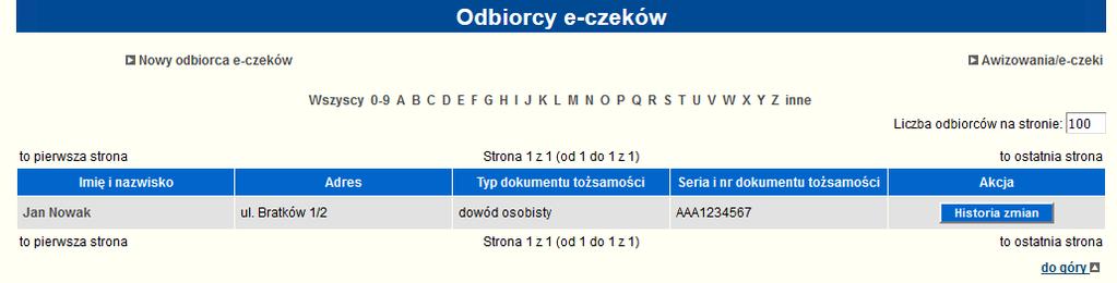 . Na liście odbiorców są prezentowane kolumny: Imię i nazwisko, Adres, Typ dokumentu tożsamości, Akcja.