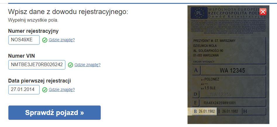 jak na rysunku 21. Rysunek 21. Sprawdzanie historii pojazdu.