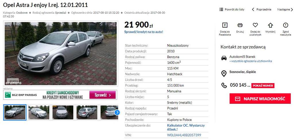 [20/30] Zakup samochodu Rysunek 30. Szczegóły wybranej oferty. W zaznaczonym obszarze podane są dane techniczne auta, m. in.