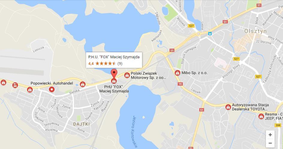 [29/30] Zakup samochodu Rysunek 46. Wybrany komis samochodowy na mapie Podobnie możemy sprawdzać opinie innych komisów samochodowych.