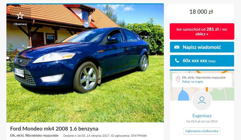 [7/30] Zakup samochodu Rysunek 6. Szczegóły wybranej oferty Na rysunku widzimy, że wybrany model Forda Mondeo jest z rocznika 2008 i kosztuje 18000 zł.