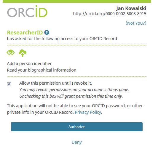 an ORCID record i nacisnąć przycisk Continue.