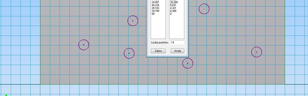 19 Okno dialogowe na tle obrabianego szkicu Po uruchomieniu narzędzia automatycznie wypełnia się lista ze współrzędnymi punktów (tych zdefiniowanych przez użytkownika np.