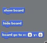 Kolejne bloki: show board, hide board oraz board go to x: y: odpowiadają za wygląd i położenie duszka Arduino.