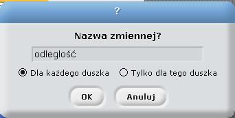 Korzystamy z zmiennych. Wchodzimy w kategorię Zmienne. Dodajemy zmienną o dowolnej nazwie pasującej do zadania, np. zmienną odległość.