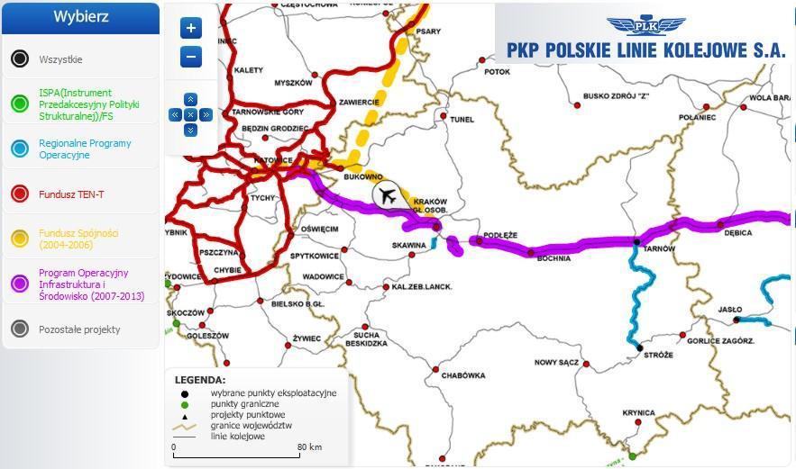 Mapa 7. Inwestycje kolejowe finansowane ze źródeł unijnych w województwie małopolskim Źródło: Mapa Inwestycji Kolejowych, PKP PLK S.A.; http://www.plk-inwestycje.