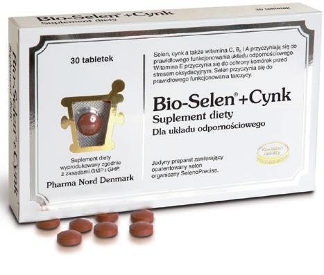 Bio- -Selen+Cynk zawiera: selen w postaci SelenoPrecise oraz cynk i witaminy A, B6, C i E.