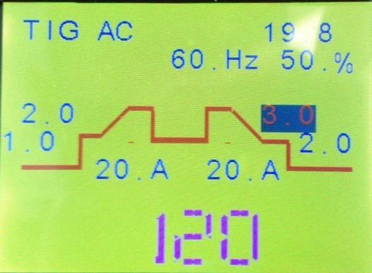 Częstotliwość zmiennego prądu przy spawaniu TIG AC, może być od 41 do 200 Hz, jest ustalana poprzez kręcenie pokrętłem "Parameter" 3. Wskaźnik regulacji zmiennego prądu podczas spawania TIG AC.