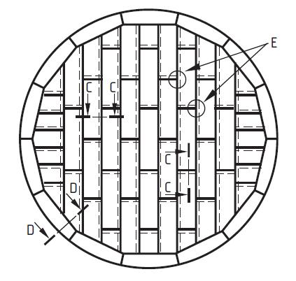 Przekrój C-C Przekrój D-D Rys. 19. Dno zbiornika magazynowego [131] Szczegół E Płaszcz zbiornika wzmacniany jest kształtownikami usztywniającymi (rysunek 20)