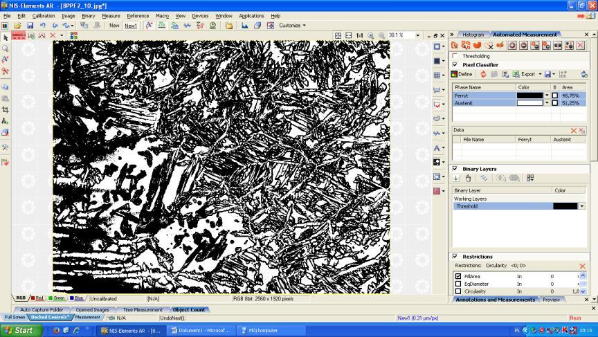 Komputerową analizę obrazu wykonano na tych wybranych obrazach mikrostruktur za pomocą programu komputerowego NIS Elements 3,0 AR. Obrazy mikrostruktur poddano binaryzacji.