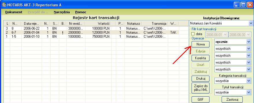 Rysunek 2 Aby rozpocząć wprowadzanie karty transakcji należy użyć przycisków: (tryb współpracy z Repertorium A) lub (tryb tylko GIIF ) - ukaże się wówczas