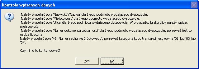 Po zakończeniu edycji uwag przyciskamy przycisk. System NOTARIS analizuje poprawność wprowadzonych danych i wyświetla komunikat, które dane pola wymagają uzupełnienia.