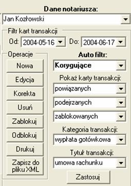 Panel opcji dla rejestru kart transakcji Dane notariusza - Rozwijana lista Dane notariusza określa notariusza lub notariuszy, których czynności i transakcje są wyświetlane.