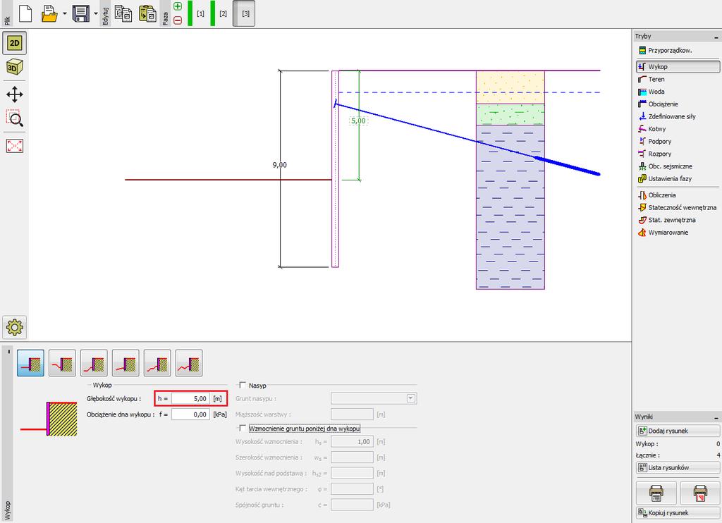 Faza 3 W tej fazie budowy wprowadzimy docelową głębokość wykopu. Przejdź do ramki "Wykop" i zmień głębokość wykopu na docelową jako 5,0m poniżej poziomu terenu.