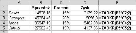 Jeżeli ten argument będzie miał wartość ujemną, zaokrąglenie liczby nastąpi po lewej stronie miejsca dziesiętnego (rysunek 5.35). Wskazówki Zamiast obliczania wartości w jednej komórce (rysunek 5.